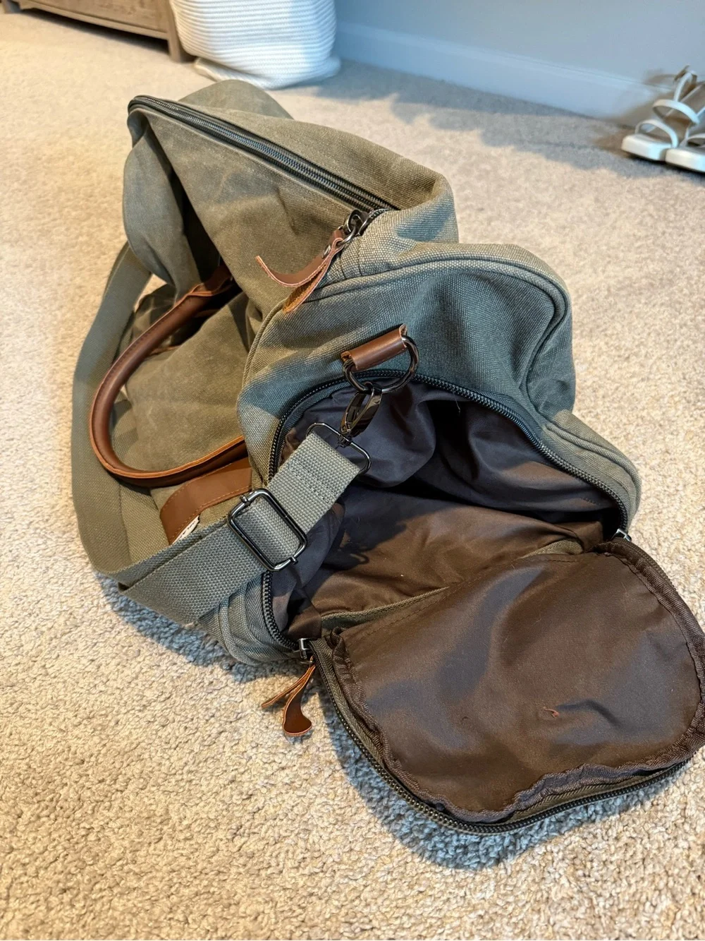 Canvas Weekender Duffel Bag in Olive with Brown Trim